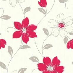 Red Floral Vinyl Wallpaper Flowers Textured Cream Grey Luxury Arthouse Anouska