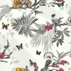 Arthouse Mystic Forest Tropical Leaf Floral Wallpaper Sliver Glitter Flowers