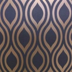 Retro Geometric Wave Wallpaper Navy Blue Gold Metallic Textured Arthouse Ogee