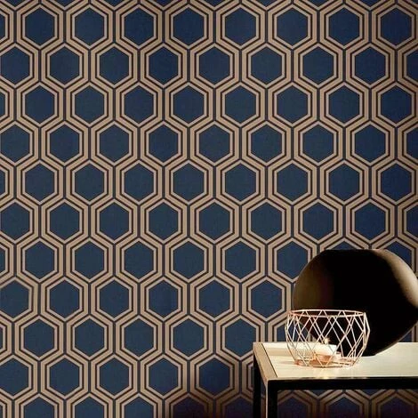Hexagon Geometric Wallpaper Navy Blue Gold Metallic Textured Arthouse Luxe 2 Hexagon Geometric Wallpaper Navy Blue Gold Metallic Textured Arthouse Luxe - Image 2