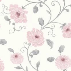 Arthouse Floral Trail Wallpaper White Grey Pink Metallic Shiny Flower Antoinette