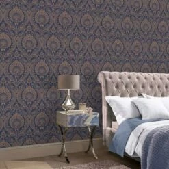 Damask Wallpaper Navy Blue Gold Metallic Shimmer Textured Arthouse Decoris -ARTHOUSE SHOP 12359868 3