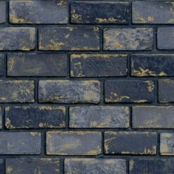 3D Effect Navy Blue Gold Metallic Brick Wallpaper Stone Industrial Arthouse