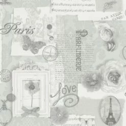 Arthouse Felicity Silver Paris Calligraphy Floral Butterfly Feature Wallpaper - 665401