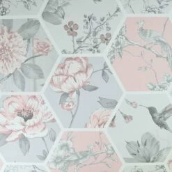 ARTHOUSE Chinoise Decoupage Wallpaper Pink Grey Bird Floral Geometric Smooth Matt Finish
