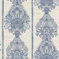 Silk Road Damask Wallpaper Indigo Blue Floral Cream Natural Metallic Arthouse