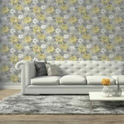 ARTHOUSE Painted Dahlia Floral Ochre Wallpaper Flower Grey And Yellow Wall Covering -ARTHOUSE SHOP 27826308 3