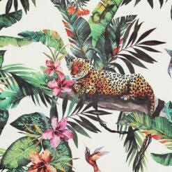 Animal Jungle White Wallpaper Arthouse Green Tropical Floral Leopards Birds