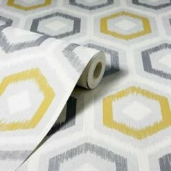 Ikat Geometric Wallpaper Arthouse Ochre Yellow Grey White Textured Vinyl Retro 2 Ikat Geometric Wallpaper Arthouse Ochre Yellow Grey White Textured Vinyl Retro -ARTHOUSE SHOP 28424483 3