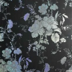 Fleurette Charcoal Wallpaper Arthouse Black Silver Glitter Holographic Floral