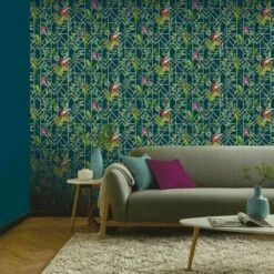 Arthouse Deco Tropical Metallic Silver Navy Green Birds Geo Wallpaper 908003