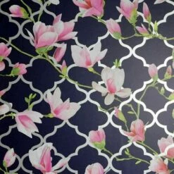 Arthouse Magnolia Trellis Navy Blue Pink Floral Metallic Silver Arthouse Wallpaper