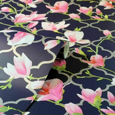 Arthouse Magnolia Trellis Navy Blue Pink Floral Metallic Silver Arthouse Wallpaper Arthouse Magnolia Trellis Navy Blue Pink Floral Metallic Silver Arthouse Wallpaper -ARTHOUSE SHOP 29316737 2