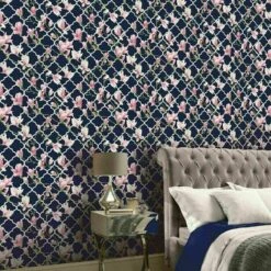 Arthouse Magnolia Trellis Navy Blue Pink Floral Metallic Silver Arthouse Wallpaper 2 Arthouse Magnolia Trellis Navy Blue Pink Floral Metallic Silver Arthouse Wallpaper -ARTHOUSE SHOP 29316737 3