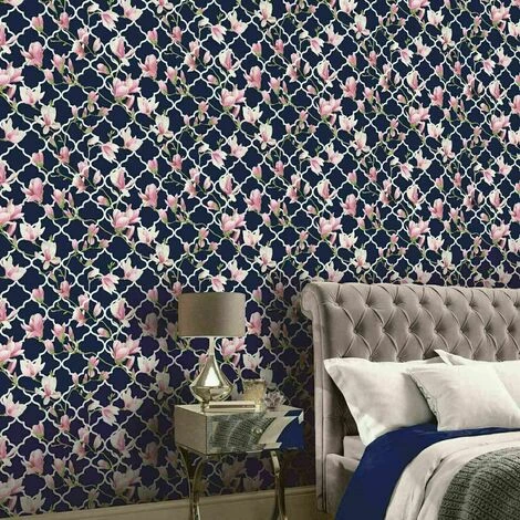 Arthouse Magnolia Trellis Navy Blue Pink Floral Metallic Silver Arthouse Wallpaper Arthouse Magnolia Trellis Navy Blue Pink Floral Metallic Silver Arthouse Wallpaper -ARTHOUSE SHOP 29316737 3