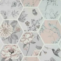 Arthouse Chinoise Decoupage Pink Grey Geometric Birds Floral Patchwork Wallpaper