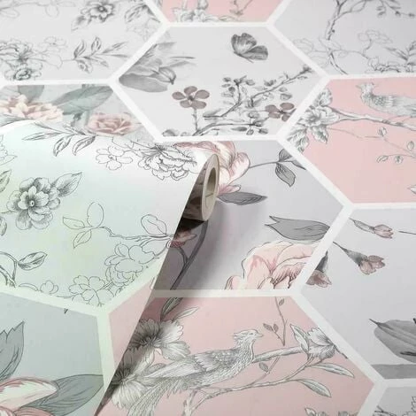 Arthouse Chinoise Decoupage Pink Grey Geometric Birds Floral Patchwork Wallpaper Arthouse Chinoise Decoupage Pink Grey Geometric Birds Floral Patchwork Wallpaper -ARTHOUSE SHOP 29318048 5