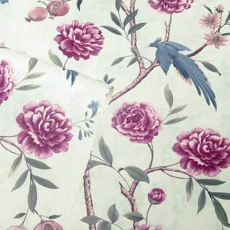 Chinoise Floral Wallpaper Arthouse Mint Teal Purple Birds Flowers Vinyl 2 Chinoise Floral Wallpaper Arthouse Mint Teal Purple Birds Flowers Vinyl - Image 2