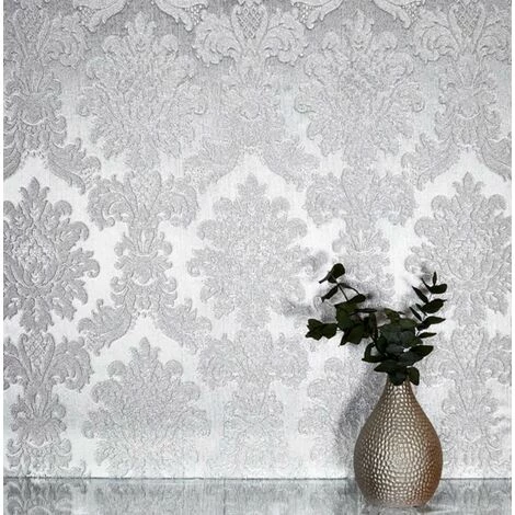 Opulence Silver Wallpaper Arthouse Metallic Foil Damask Textured Vinyl Embossed 2 Opulence Silver Wallpaper Arthouse Metallic Foil Damask Textured Vinyl Embossed - Image 2