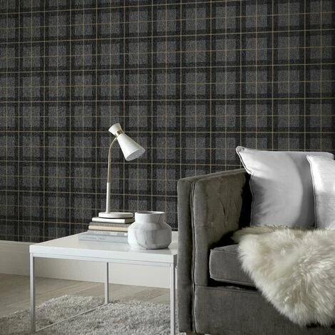 Heritage Check Wallpaper Arthouse Tartan Charcoal Copper Metallic Textured 2 Heritage Check Wallpaper Arthouse Tartan Charcoal Copper Metallic Textured - Image 2