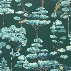 Oriental Oasis Wallpaper Arthouse Emerald Green Blue Birds Trees White Nature