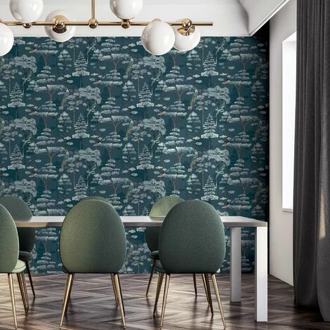 Oriental Oasis Wallpaper Arthouse Emerald Green Blue Birds Trees White Nature 2 Oriental Oasis Wallpaper Arthouse Emerald Green Blue Birds Trees White Nature - Image 2