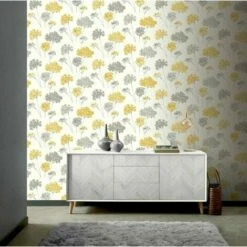 Arthouse Mustard Yellow Grey Metallic Silver White Floral Flower Wallpaper Plant