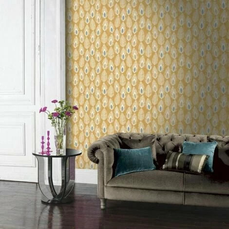 Arthouse Glam Feather Leaves Ochre Yellow Blue White Metallic Textured Wallpaper Arthouse Glam Feather Leaves Ochre Yellow Blue White Metallic Textured Wallpaper -ARTHOUSE SHOP 61257652 1