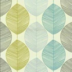 Arthouse Retro Leaf Teal Lime Green Taupe Feature Wallpaper 408207