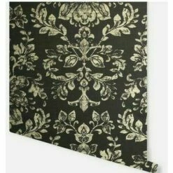 Arthouse Kyasha Charcoal Black Metallic Foil Gold Damask Vinyl Wallpaper 293400