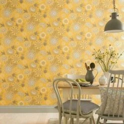 Arthouse Vintage Bloom Mustard Yellow Floral Quality Vinyl Wallpaper 676206