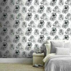 Arthouse Floral Bloom Mono Black White Grey Metallic Silver Statement Wallpaper