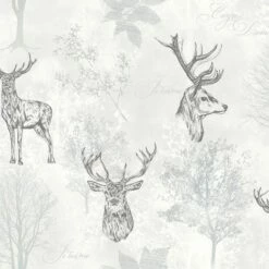 Etched Stags Head Motif Feature Wallpaper Mono White Arthouse Woodland Nature