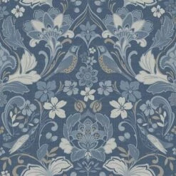 Folk Floral Denim Blue Wallpaper Flower Botanical Animal Print Bird Arthouse