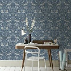 Folk Floral Denim Blue Wallpaper Flower Botanical Animal Print Bird Arthouse -ARTHOUSE SHOP 9578688 3